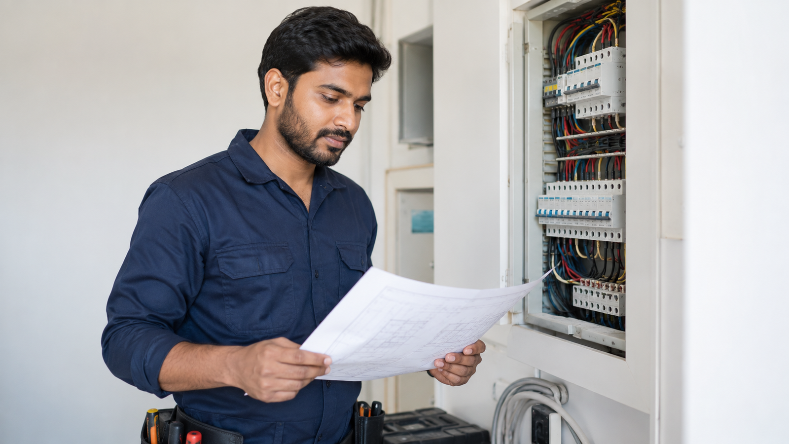 Electrician reviewing plans beside a distribution board