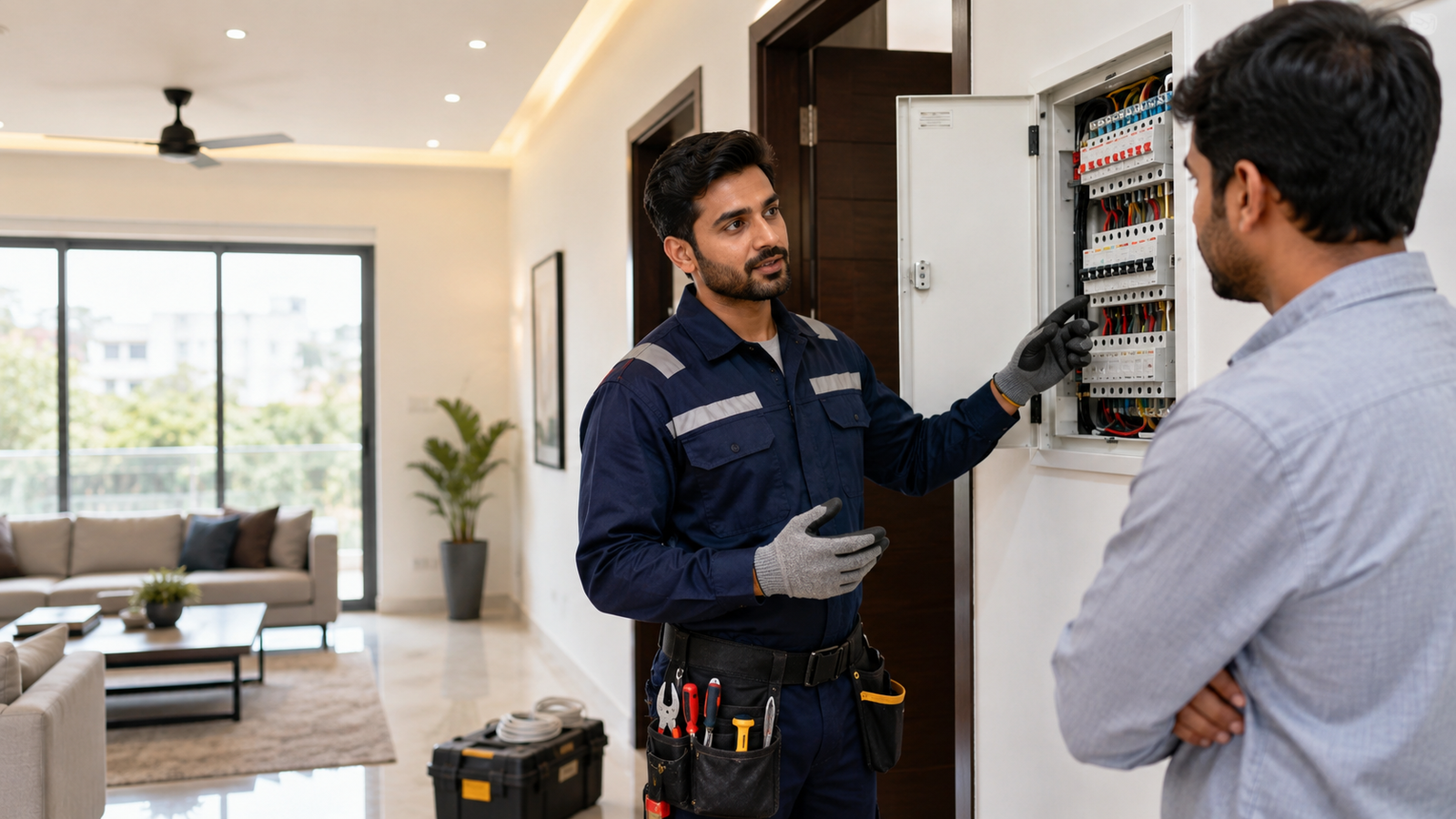 SA Enterprises technician discussing an electrical panel with a homeowner